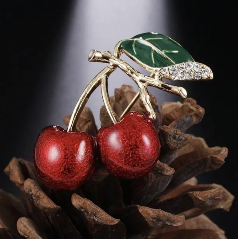 Red Cherry Brooch with Gold and Green